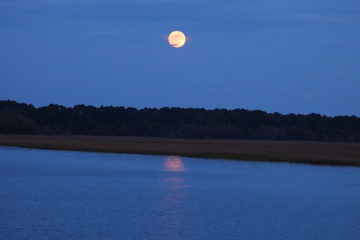 Full moon over a calm river with a forested shore at dusk.