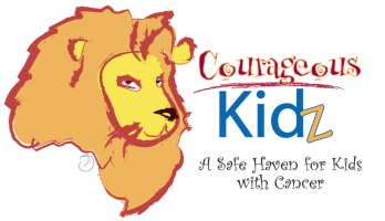 Stylized lion on left, text 'Courageous Kidz: A Safe Haven for Kids with Cancer' on right.