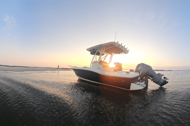 a motor boat at the beach in Charleston, SC