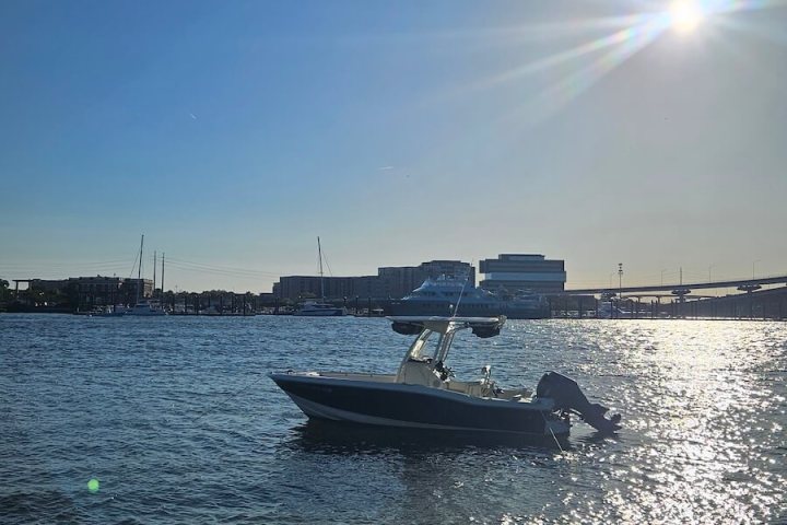 Boat on calm water with sunny sky and cityscape in background.