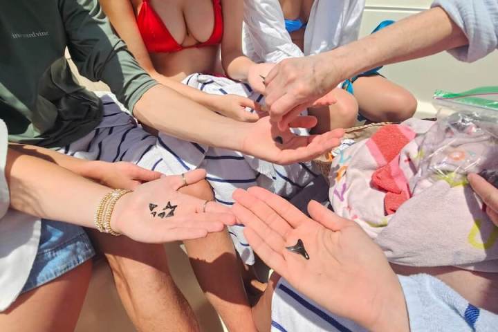 Group on a boat showing small black objects in hands.