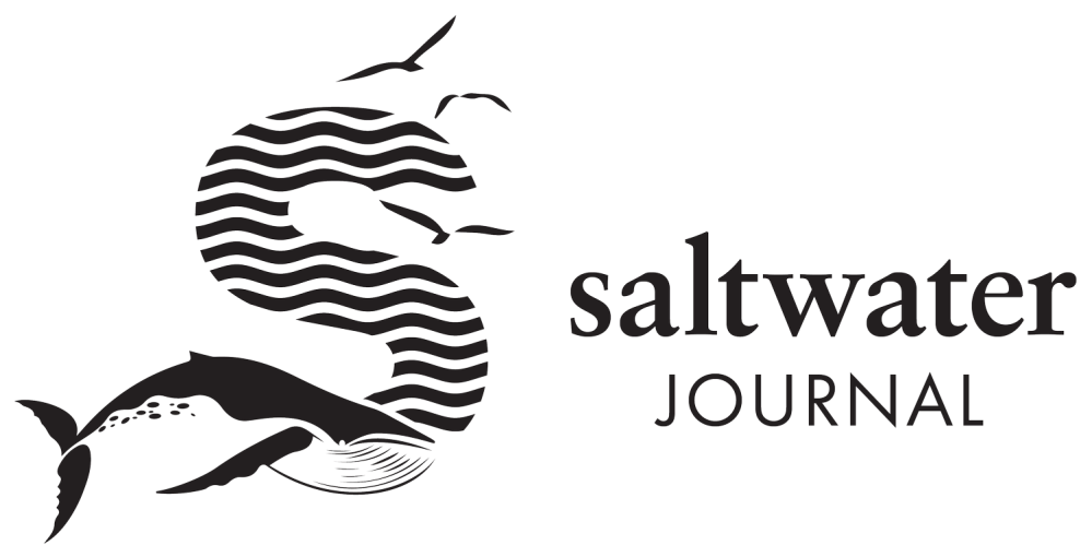 Stylized 'S' with waves and sea creatures, text: saltwater journal.