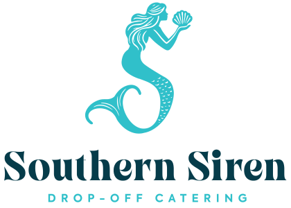Teal mermaid holding a shell above 'Southern Siren Drop-Off Catering' text.