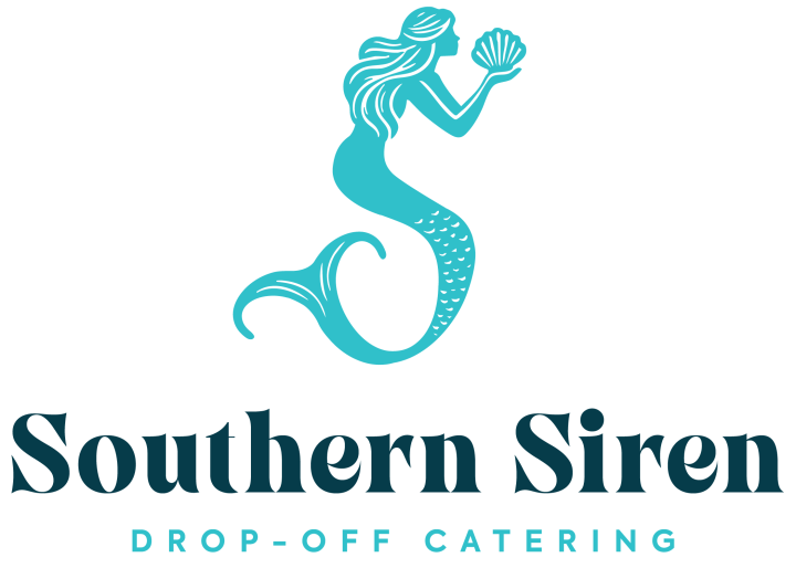 Teal mermaid holding a shell above 'Southern Siren Drop-Off Catering' text.