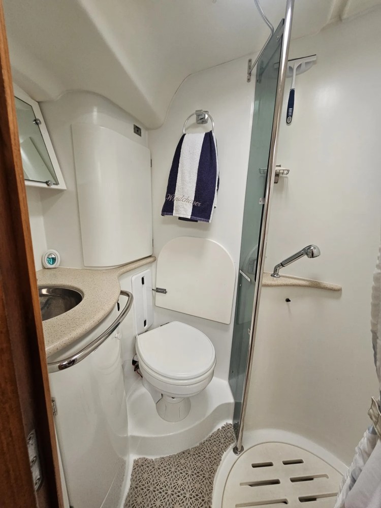 Compact boat bathroom with toilet, sink, shower, and towel.