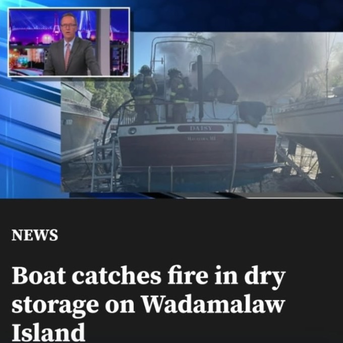 News report: Firefighters extinguishing a boat fire in dry storage at Wadamalaw Island.